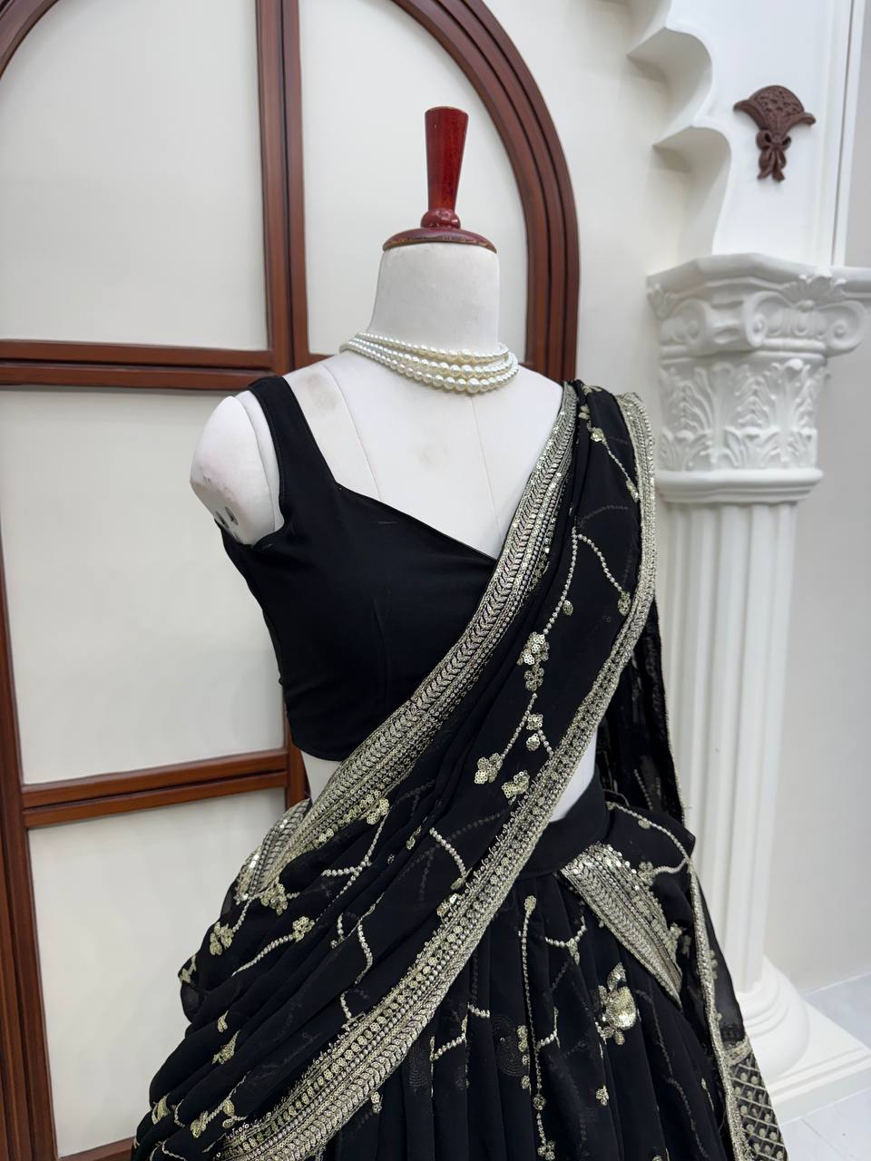 Midnight Black Georgette Lehenga Choli Adorned with Delicate Silver Floral Vine Embroidery and Scalloped Borders